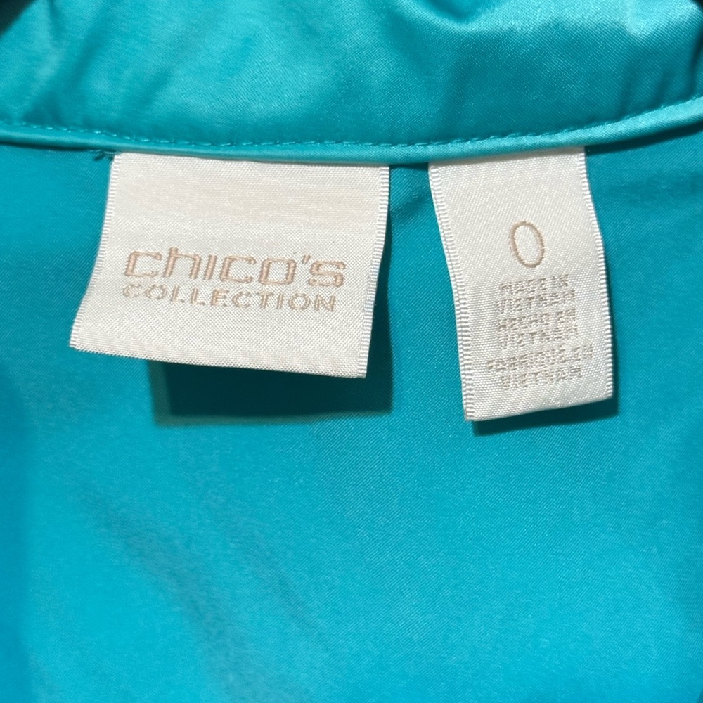 Chico’s Aqua Blue Teal Ruched Sleeve Satin Femme Moto Jacket Size 0 Bomber Biker - Picture 3 of 10